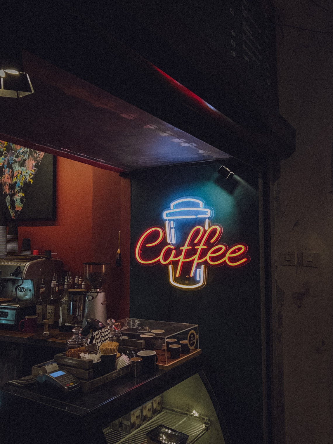 neon sign for coffee shop